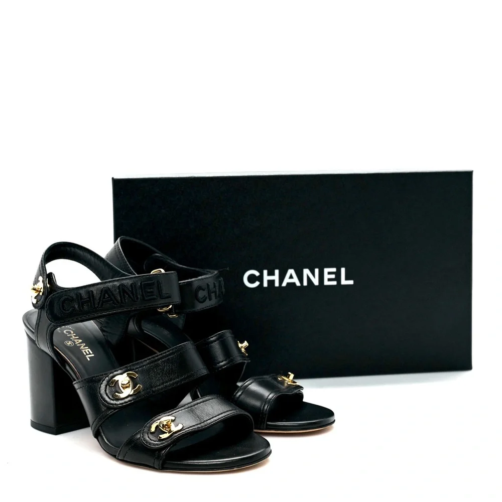 CHANEL Black leather logo Gold Turn-lock heeled sandals size 36.5 - Picture 4 of 17
